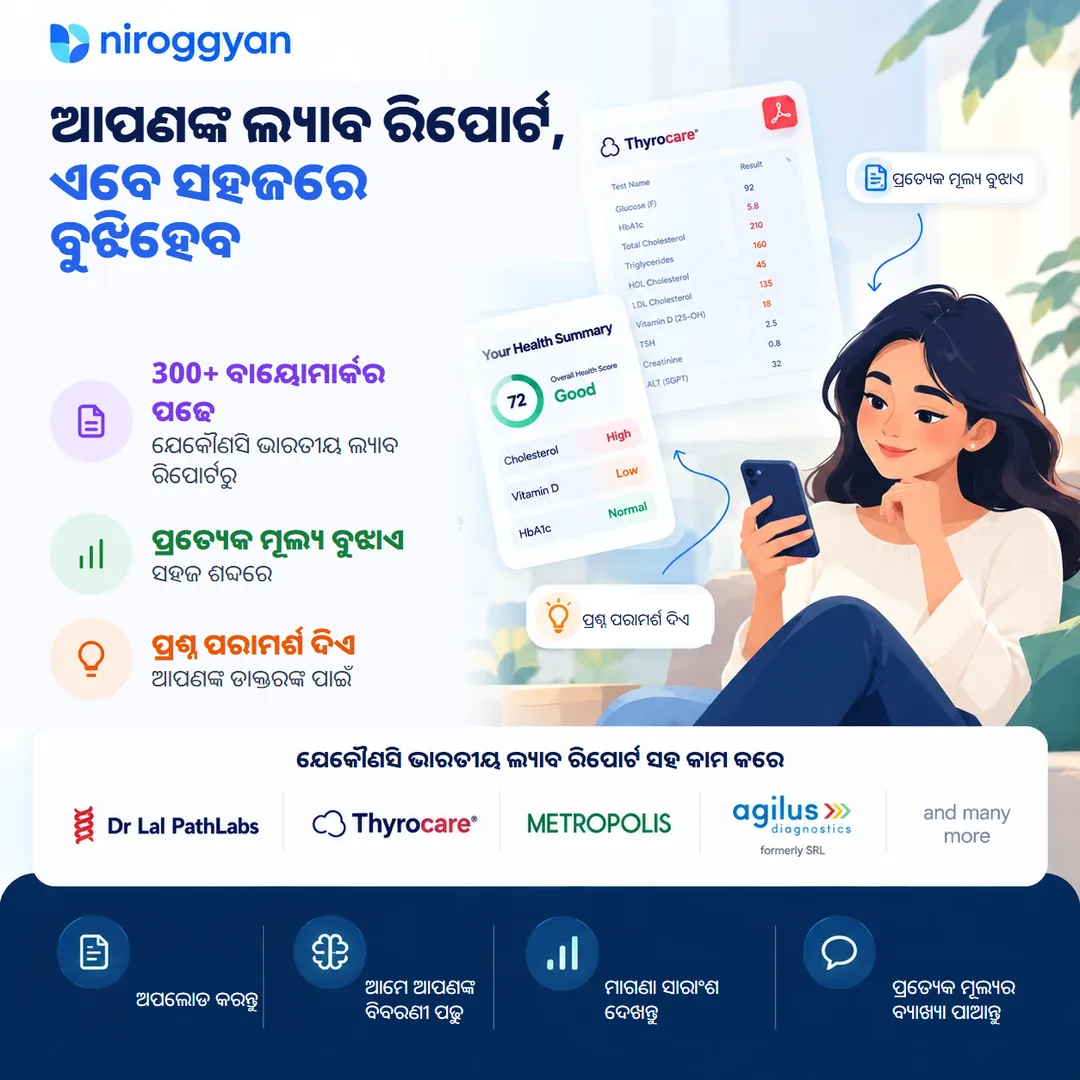 NirogGyan ଲ୍ୟାବ ରିପୋର୍ଟ ଆନାଲାଇଜର ଫୋନରେ ଏକ ଲ୍ୟାବ ରିପୋର୍ଟକୁ ସହଜ ହେଲଥ ସାରାଂଶରେ ବଦଳାଉଛି