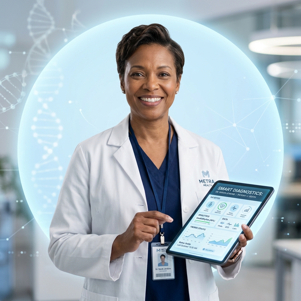 Healthcare doctor with smart diagnostics tablet
